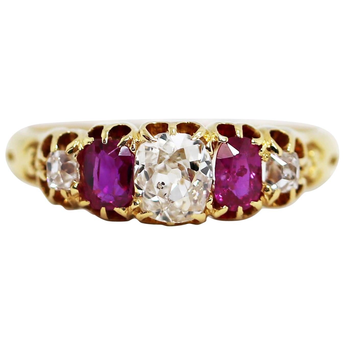 Antique 5-Stone Ruby and Old Cut Diamond Ring, circa 1880