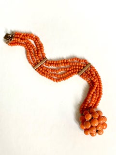 Antique 5-Strand Salmon Coral Bracelet with 14 Karat Rose Gold Clasp and Spacers