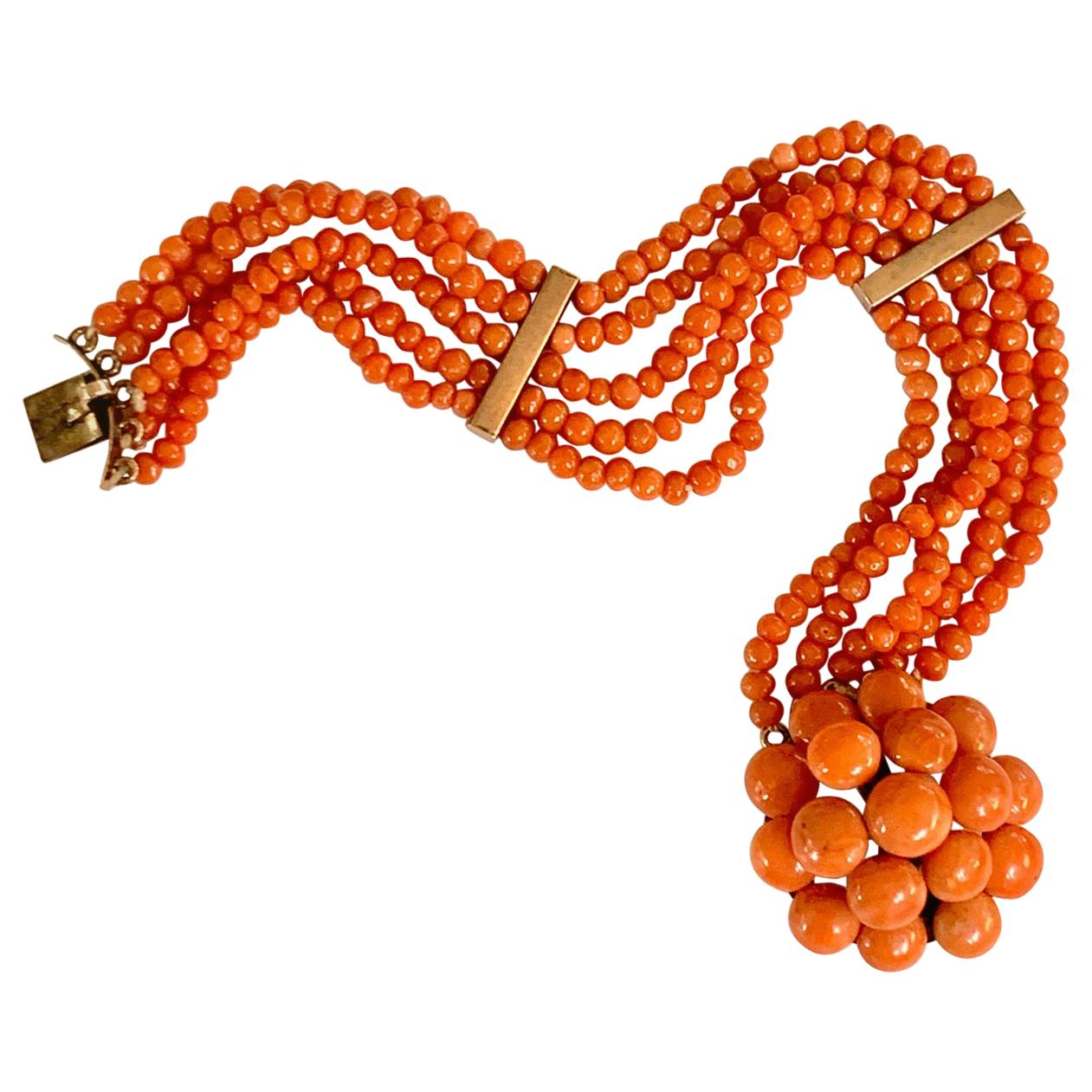 Antique 5-Strand Salmon Coral Bracelet with 14 Karat Rose Gold Clasp and Spacers For Sale