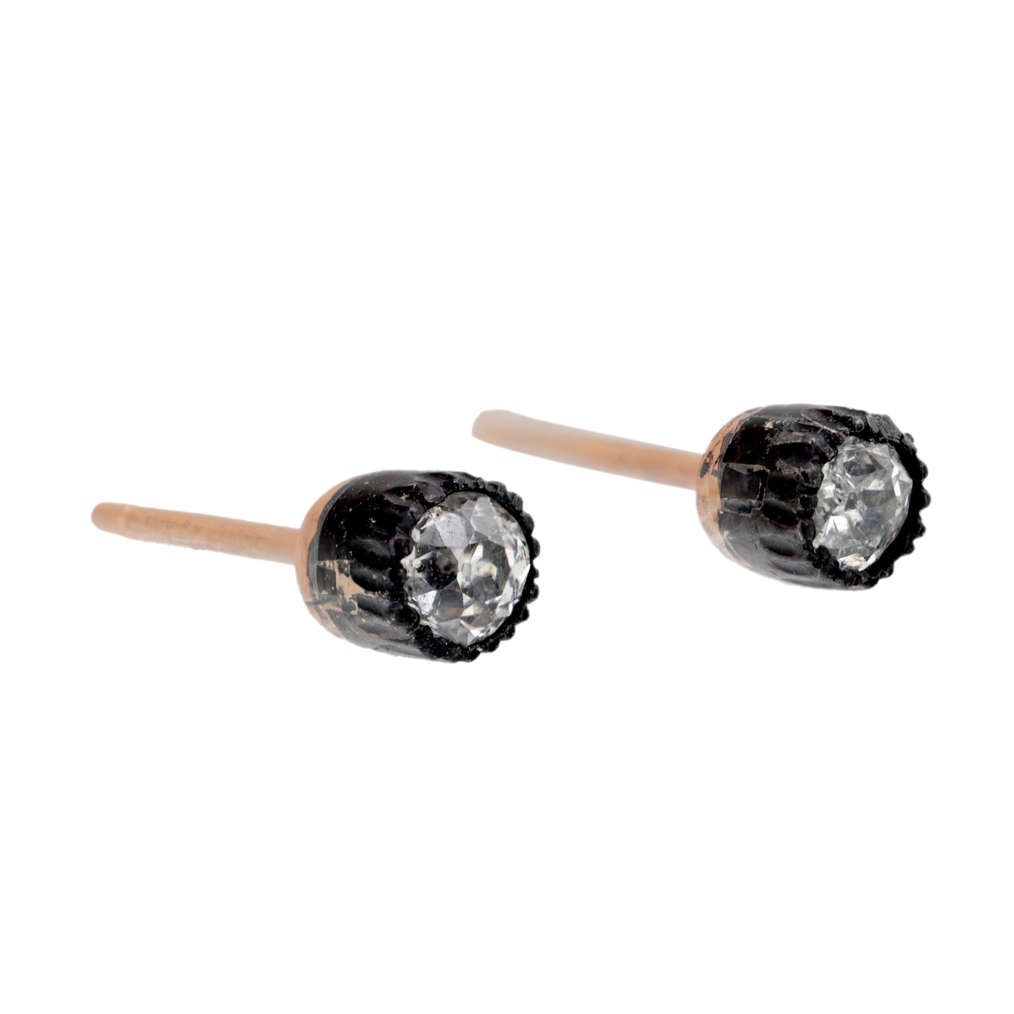 Old European Cut Antique .50 carat diamond 14k rose gold and silver stud earrings For Sale