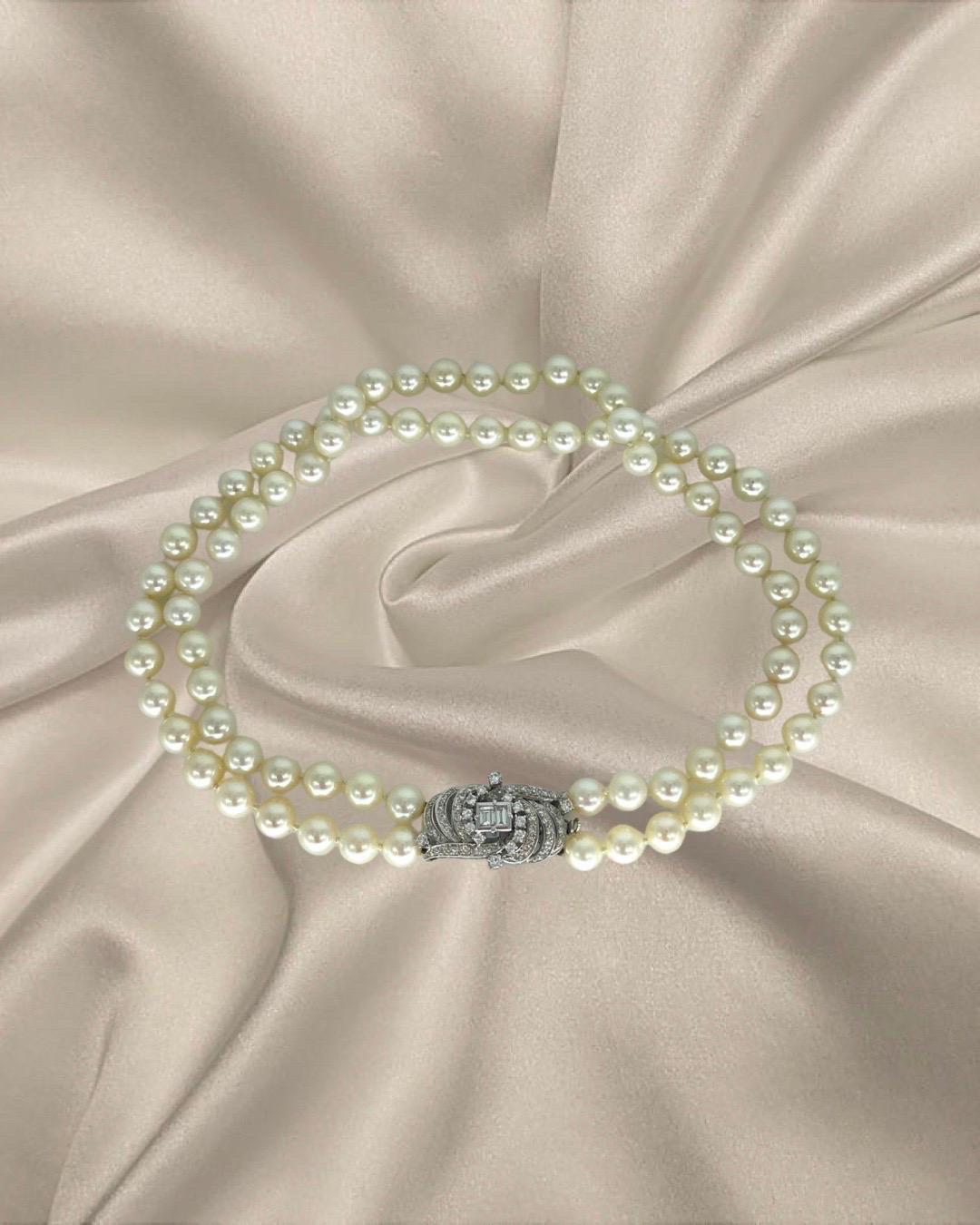 Emerald Cut Antique 5.00 Carat Diamonds and Pearls Choker Necklace 18k White Gold For Sale