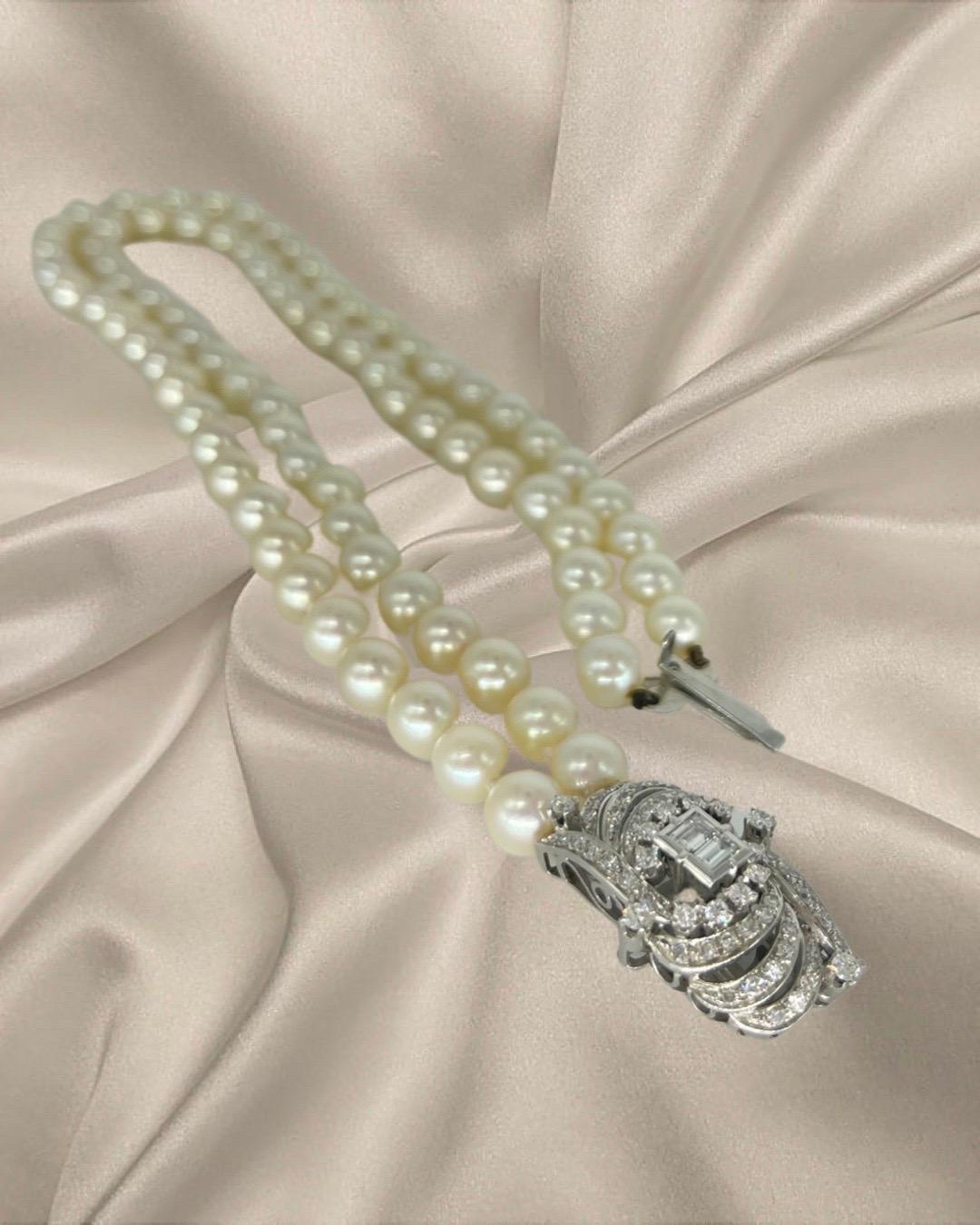 Antique 5.00 Carat Diamonds and Pearls Choker Necklace 18k White Gold In Excellent Condition For Sale In Miami, FL
