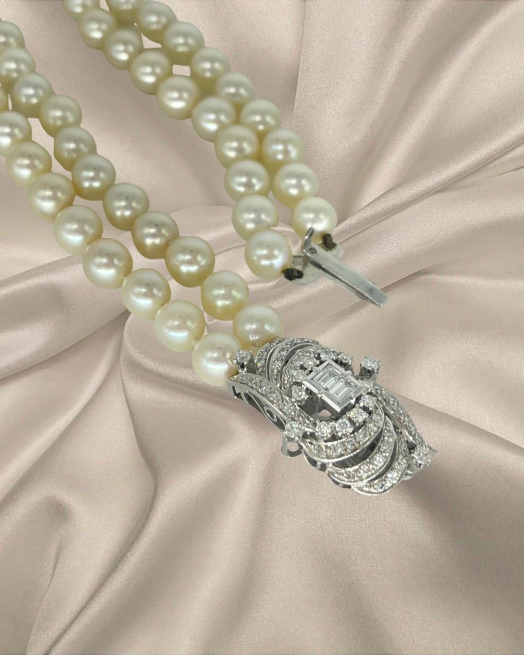 Women's Antique 5.00 Carat Diamonds and Pearls Choker Necklace 18k White Gold For Sale