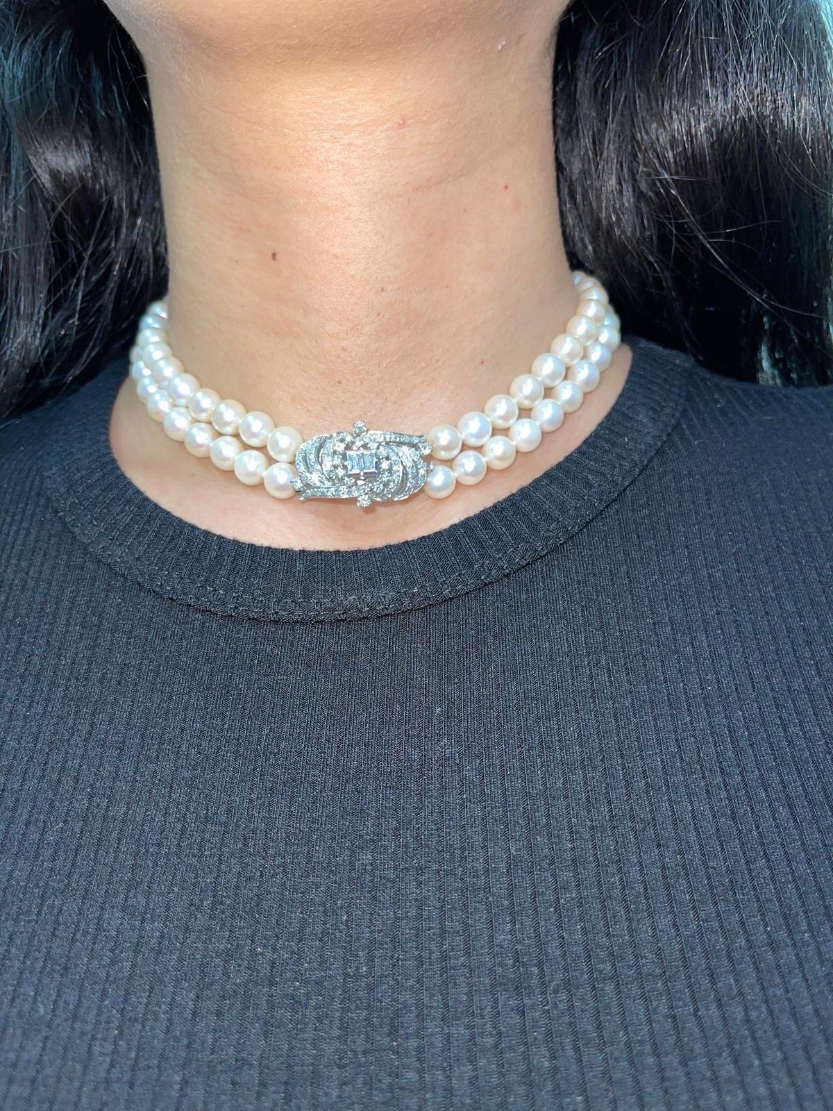 Antique 5.00 Carat Diamonds and Pearls Choker Necklace 18k White Gold For Sale 1