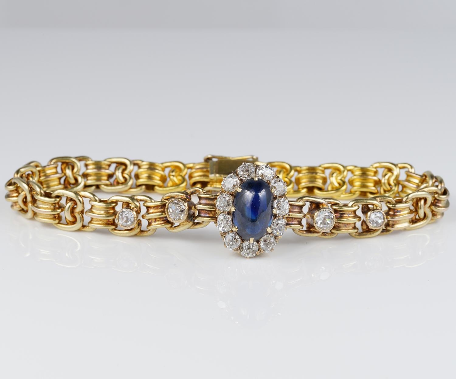 Absolutely stunning 1910 ca Russian bracelet, 14 Kt solid gold
Superlative crafting of the era, intertwined links leading to a centre cluster with rich Diamond set surrounding a rare no heat natural Blue Sapphire of dreaming blue
Bearing Russian