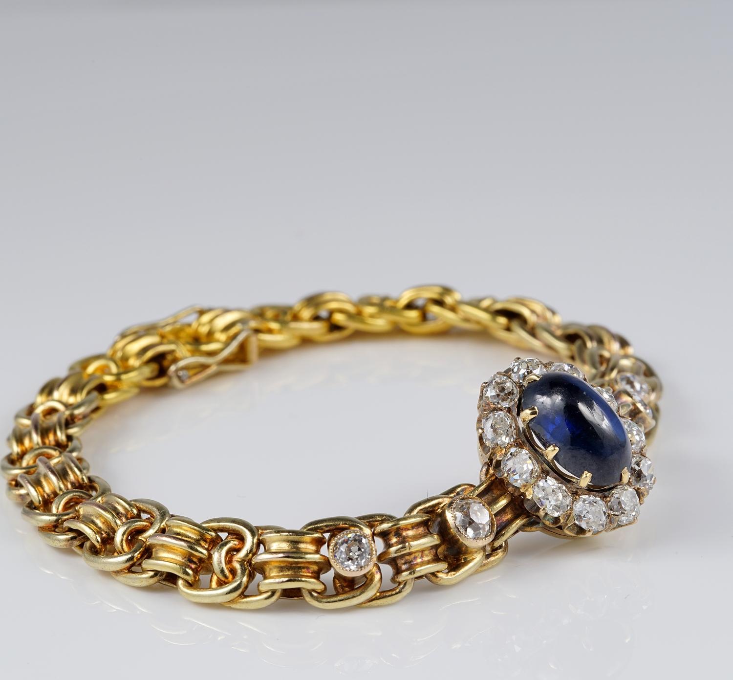 Cabochon Antique 5.00 Ct Natural Sapphire 3.20 Ct Diamond Russian Bracelet For Sale