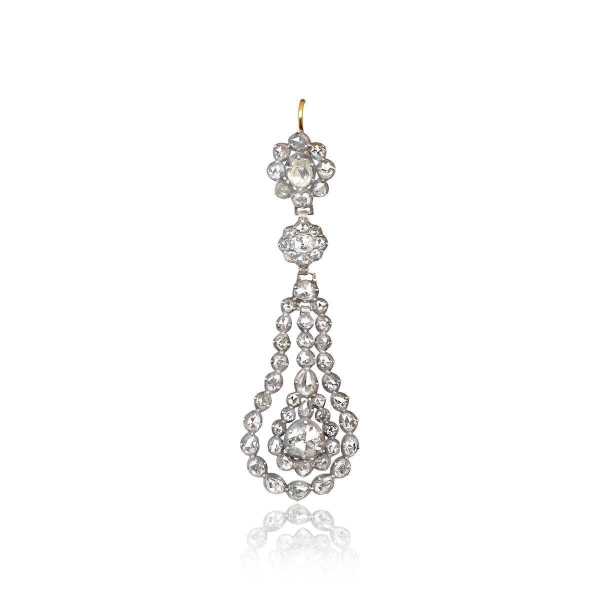 Georgian Antique 5.00ct Pear-Shape Rose Cut Diamond Chandelier Earrings, Silver & Gold For Sale