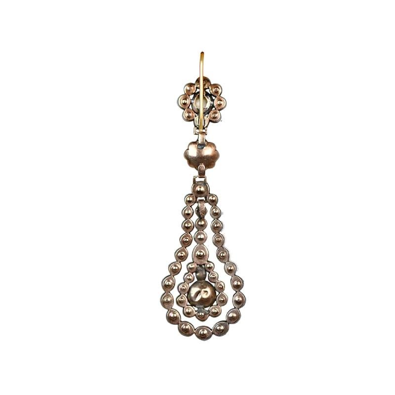 Antique 5.00ct Pear-Shape Rose Cut Diamond Chandelier Earrings, Silver & Gold In Excellent Condition For Sale In New York, NY