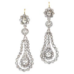 Boucles d'oreilles chandelier en argent et or avec diamants anciens taillés en rose (environ 5 carats)