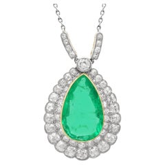 Antique 5.02 Carat Emerald 4.35 Carat Diamond 15k Yellow Gold Pendant Circa 1915