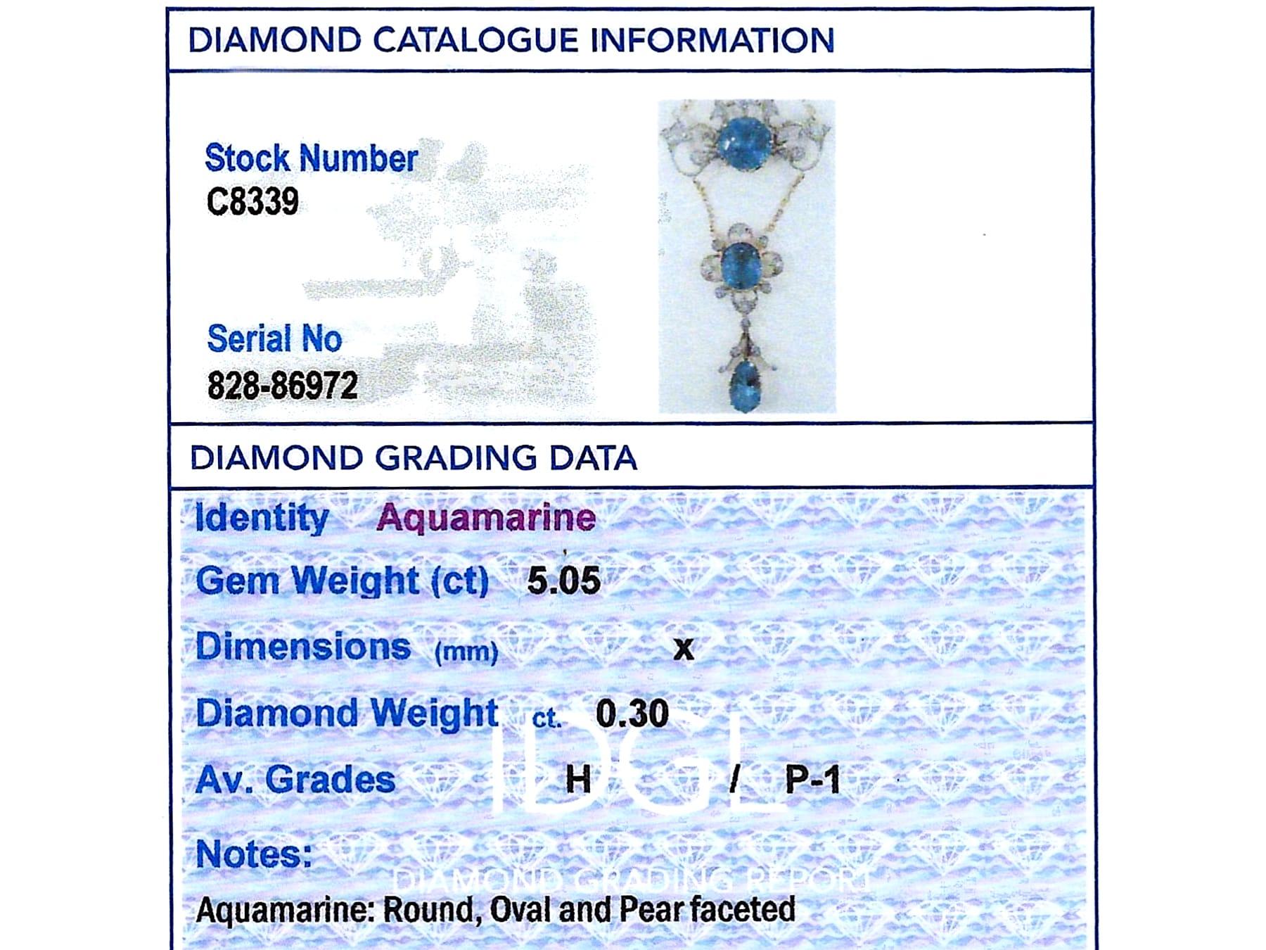 Antique 5.05 Carat Aquamarine 0.30 Carat Diamond and 12k Yellow Gold Pendant For Sale 1