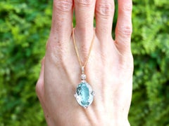 Antique 5.17 Carat Aquamarine 0.36 Carat Diamond and 14k Yellow Gold Pendant
