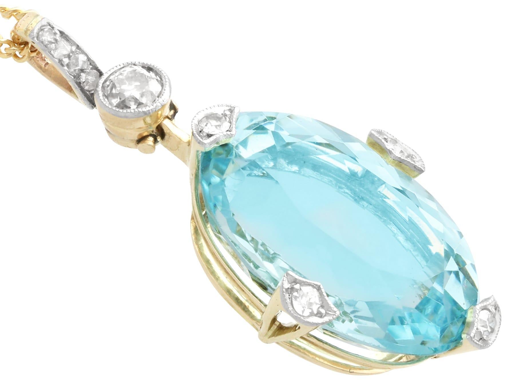 Antique 5.17 Carat Aquamarine 0.36 Carat Diamond and 14k Yellow Gold Pendant In Excellent Condition For Sale In Jesmond, Newcastle Upon Tyne