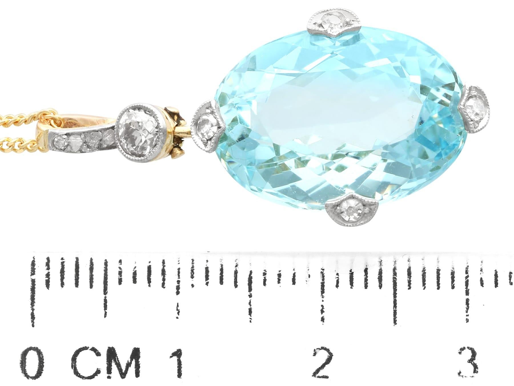 Antique 5.17 Carat Aquamarine 0.36 Carat Diamond and 14k Yellow Gold Pendant For Sale 1