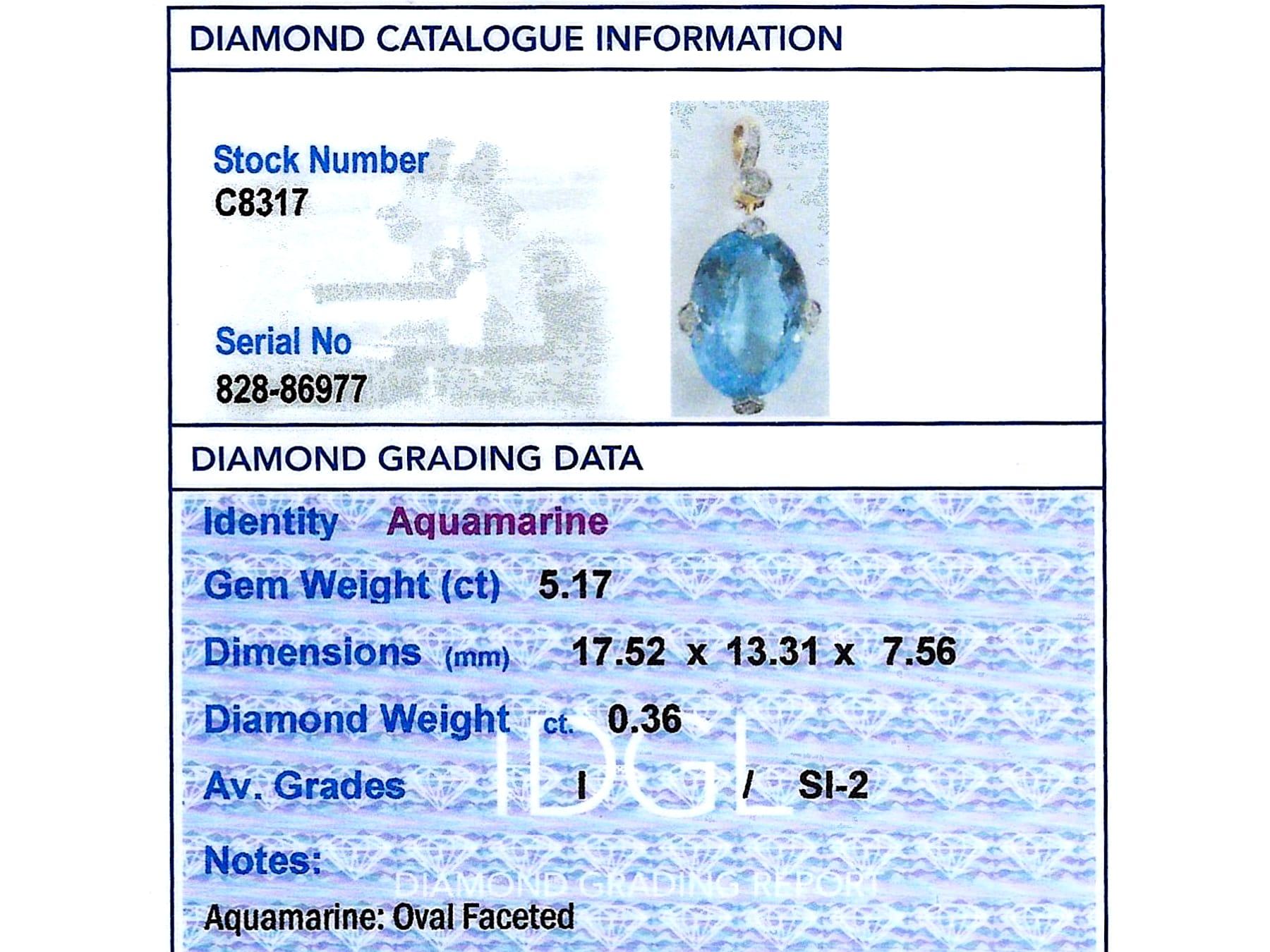 Antique 5.17 Carat Aquamarine 0.36 Carat Diamond and 14k Yellow Gold Pendant For Sale 4