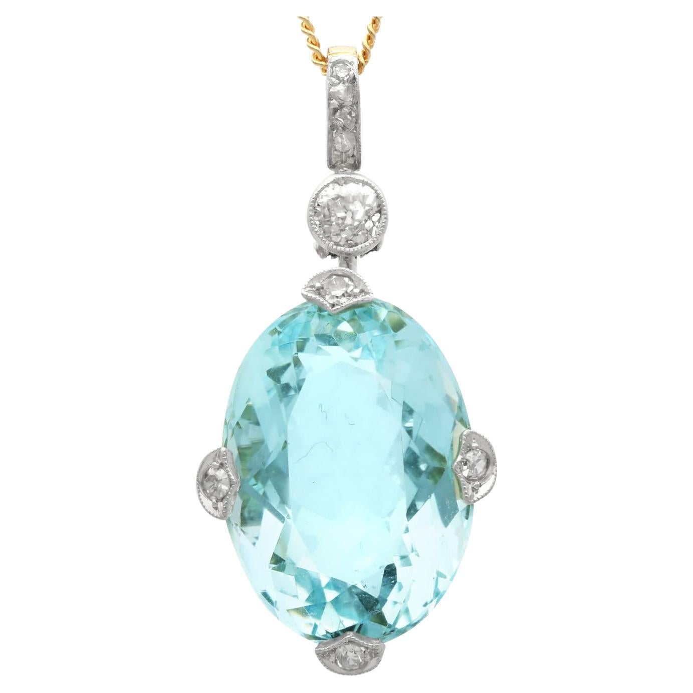 Antique 5.17 Carat Aquamarine 0.36 Carat Diamond and 14k Yellow Gold Pendant For Sale