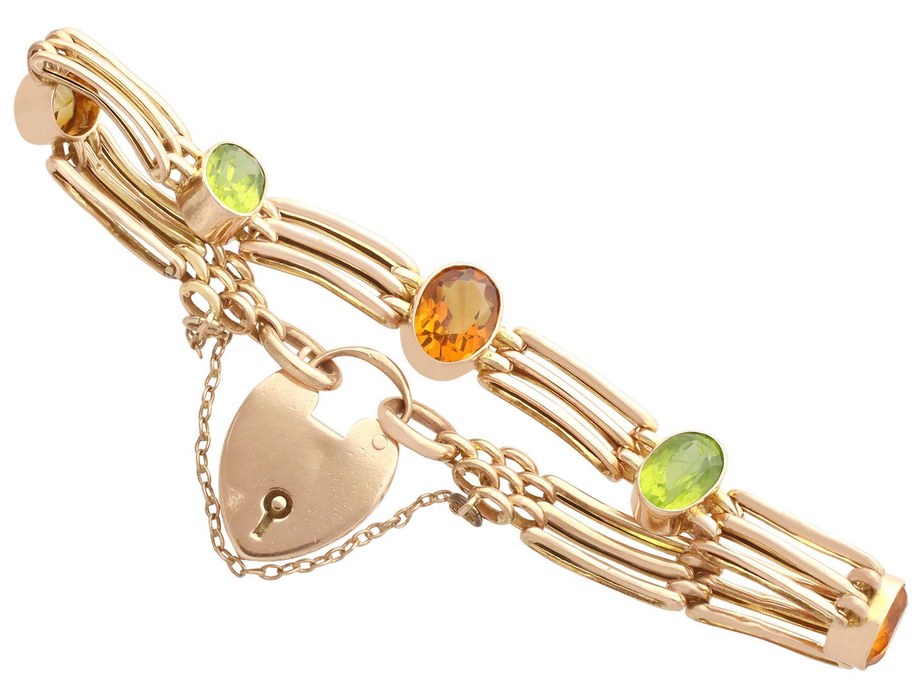 A fine and impressive 5.19 carat cognac citrine and 3.72 carat peridot, 9 karat yellow gold 3 bar gate style bracelet; part of our diverse antique jewellery and estate jewelry collections.

This fine and impressive gemstone gate bracelet has been
