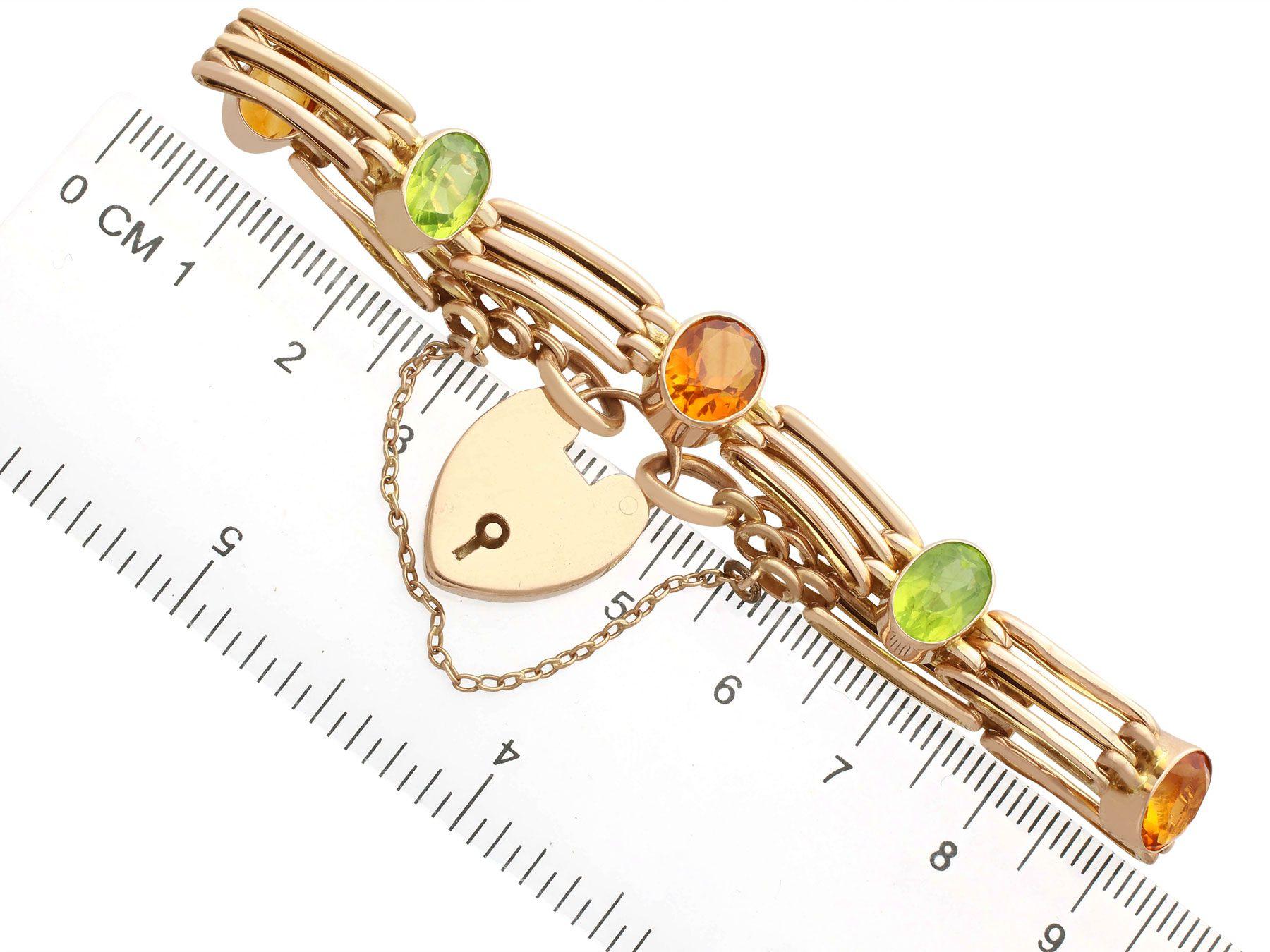 Antique 5.19 Carat Citrine and 3.72 Carat Peridot Yellow Gold Gate Bracelet For Sale 1