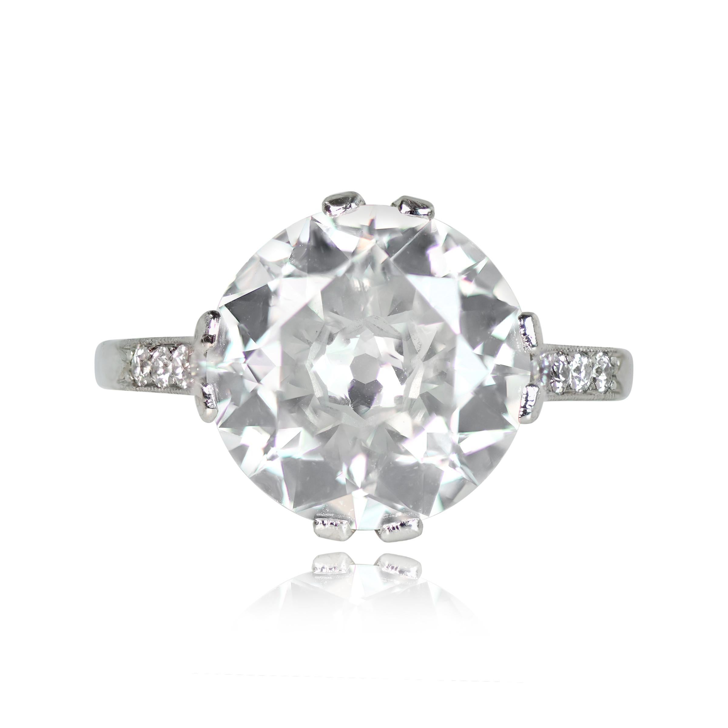 Experience pure elegance with this antique platinum solitaire ring, featuring an approximately 5.21-carat old European diamond in prong setting, with an L color grade and VS1 clarity. Smaller diamonds gracefully adorn the shoulders and