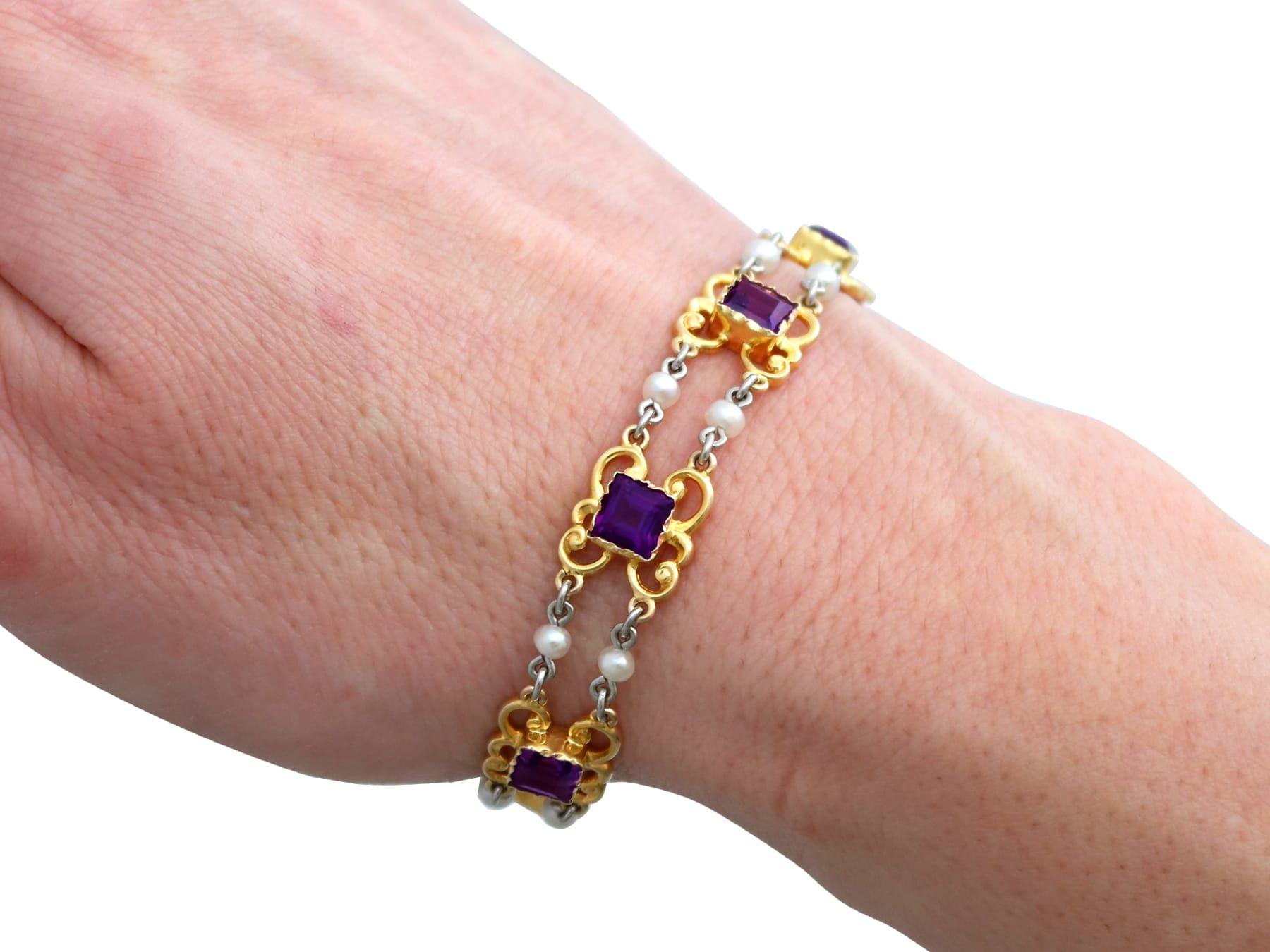 Antique 5.25 Carat Amethyst and Pearl 15K Yellow Gold Bracelet For Sale 2