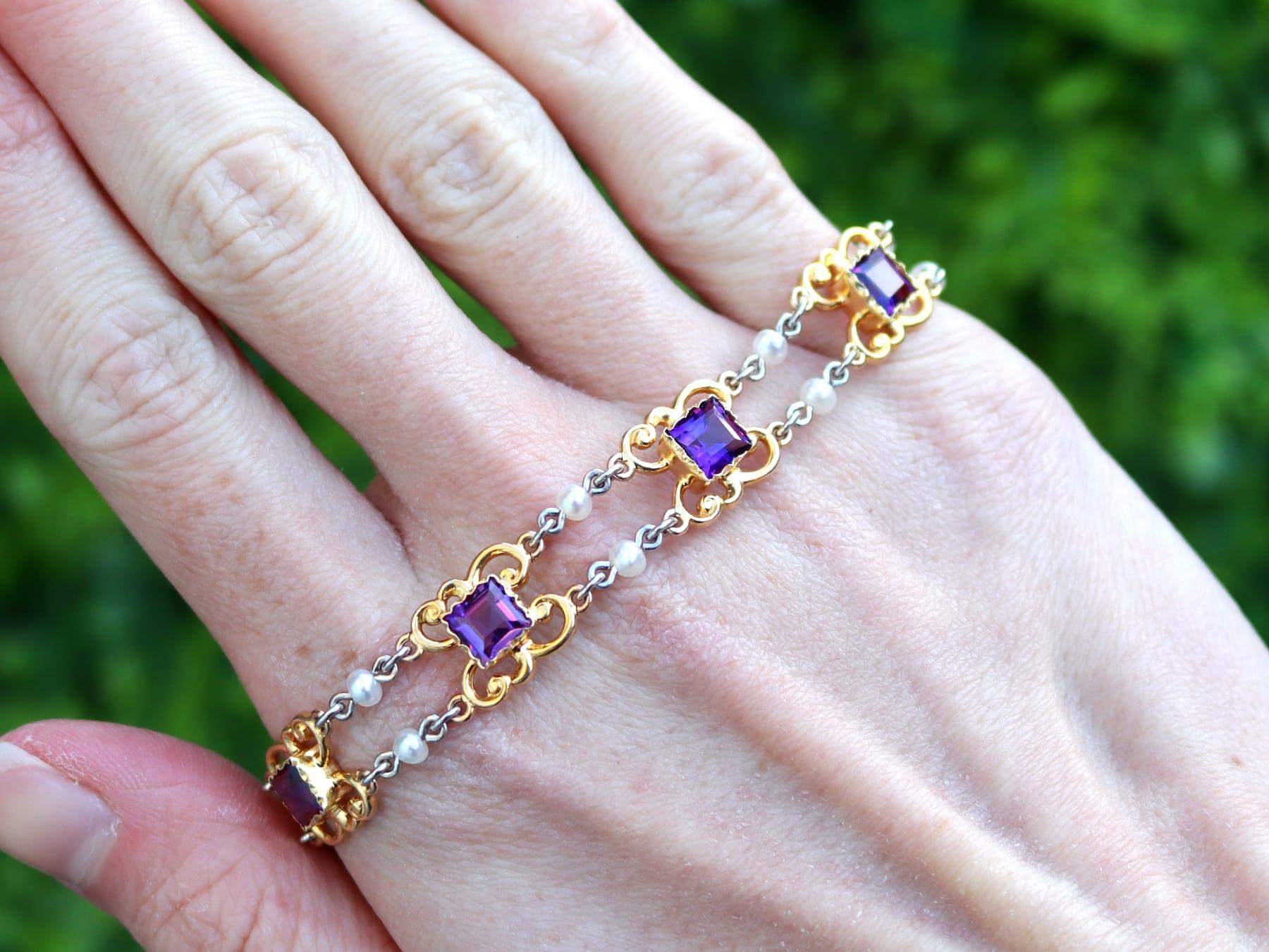 An exceptional, fine and impressive antique 5.25 carat amethyst, and pearl, 15 karat yellow gold and platinum bracelet; part of our diverse antique Edwardian jewelry and estate jewelry collections.

This exceptional antique bracelet has been crafted