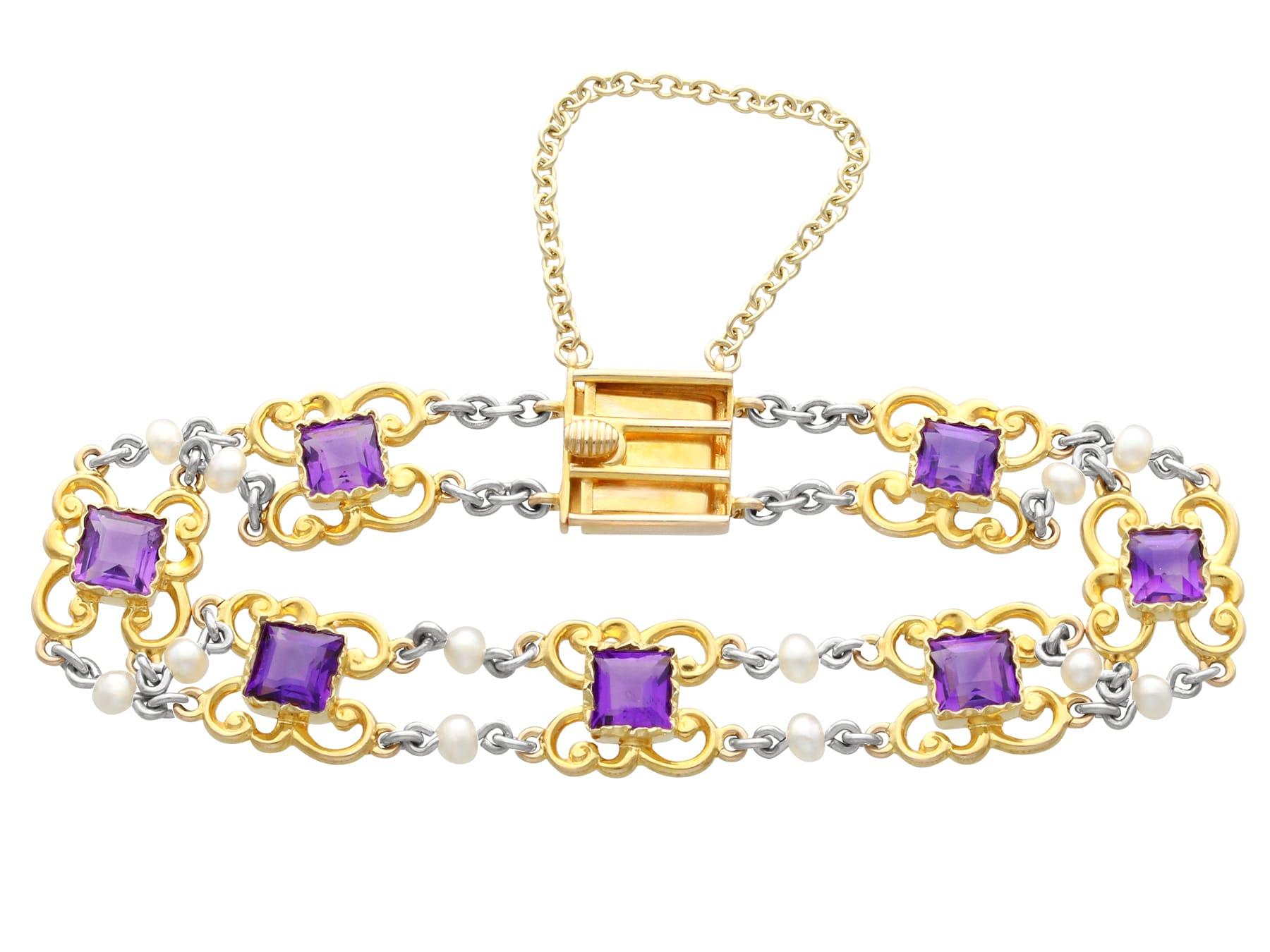 Taille carrée Bracelet ancien en or jaune 15 carats, perles et améthyste de 5,25 carats en vente