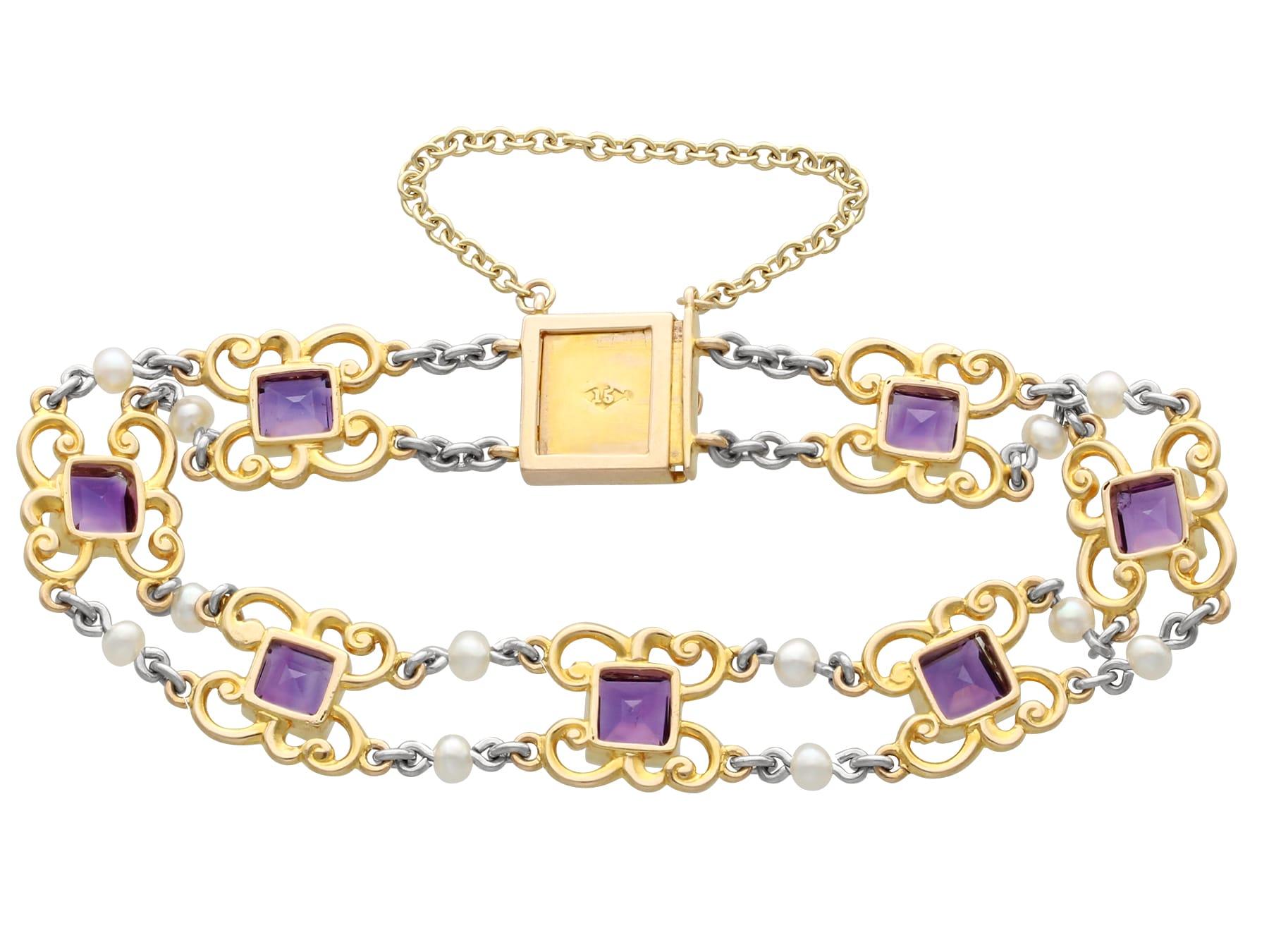 Antique 5.25 Carat Amethyst and Pearl 15K Yellow Gold Bracelet In Excellent Condition For Sale In Jesmond, Newcastle Upon Tyne