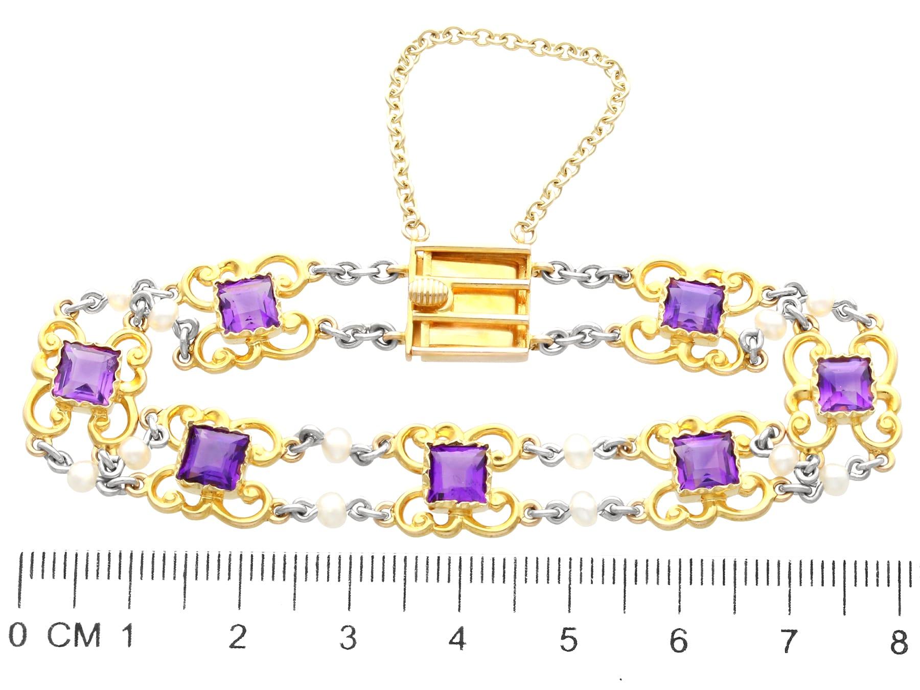 Women's or Men's Antique 5.25 Carat Amethyst and Pearl 15K Yellow Gold Bracelet For Sale
