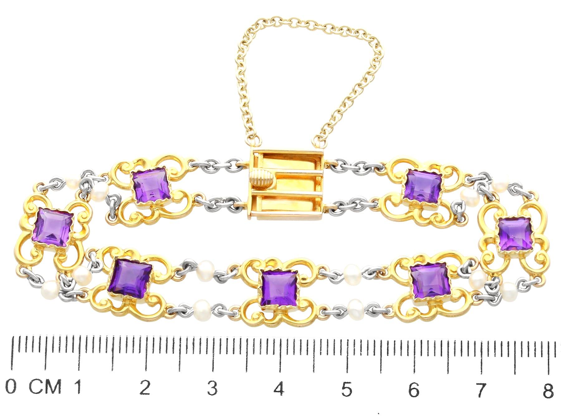Women's or Men's Antique 5.25 Carat Amethyst and Pearl 15K Yellow Gold Bracelet For Sale