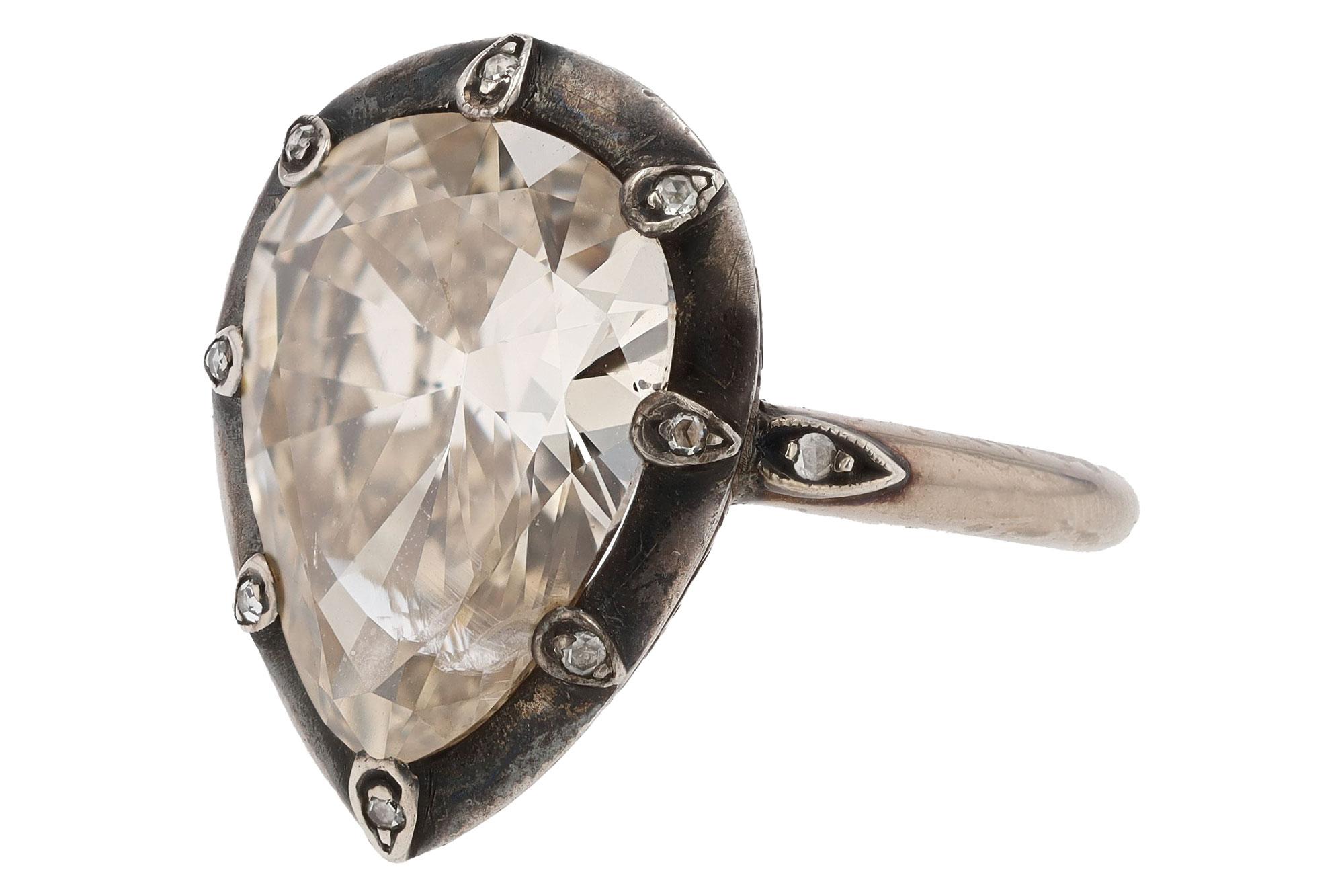 Antique 5.31 Carat Pear Cut Champagne Diamond Ring In New Condition In Santa Barbara, CA