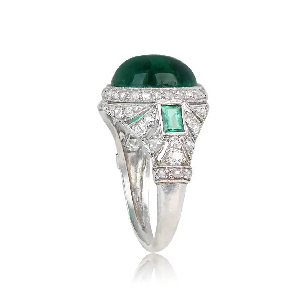 Art Deco Antique 5.46ct Cabochon Cut Emerald Engagement Ring, Platinum, Circa 1920