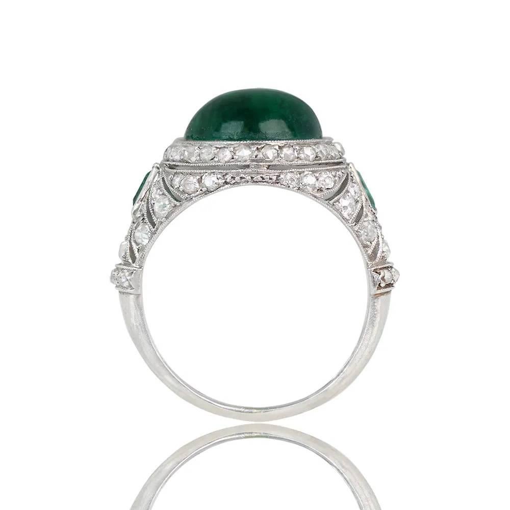 Antique 5.46ct Cabochon Cut Emerald Engagement Ring, Platinum, Circa 1920 In Excellent Condition In New York, NY