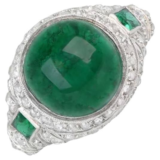 Antique 5.46ct Cabochon Cut Emerald Engagement Ring, Platinum, Circa 1920