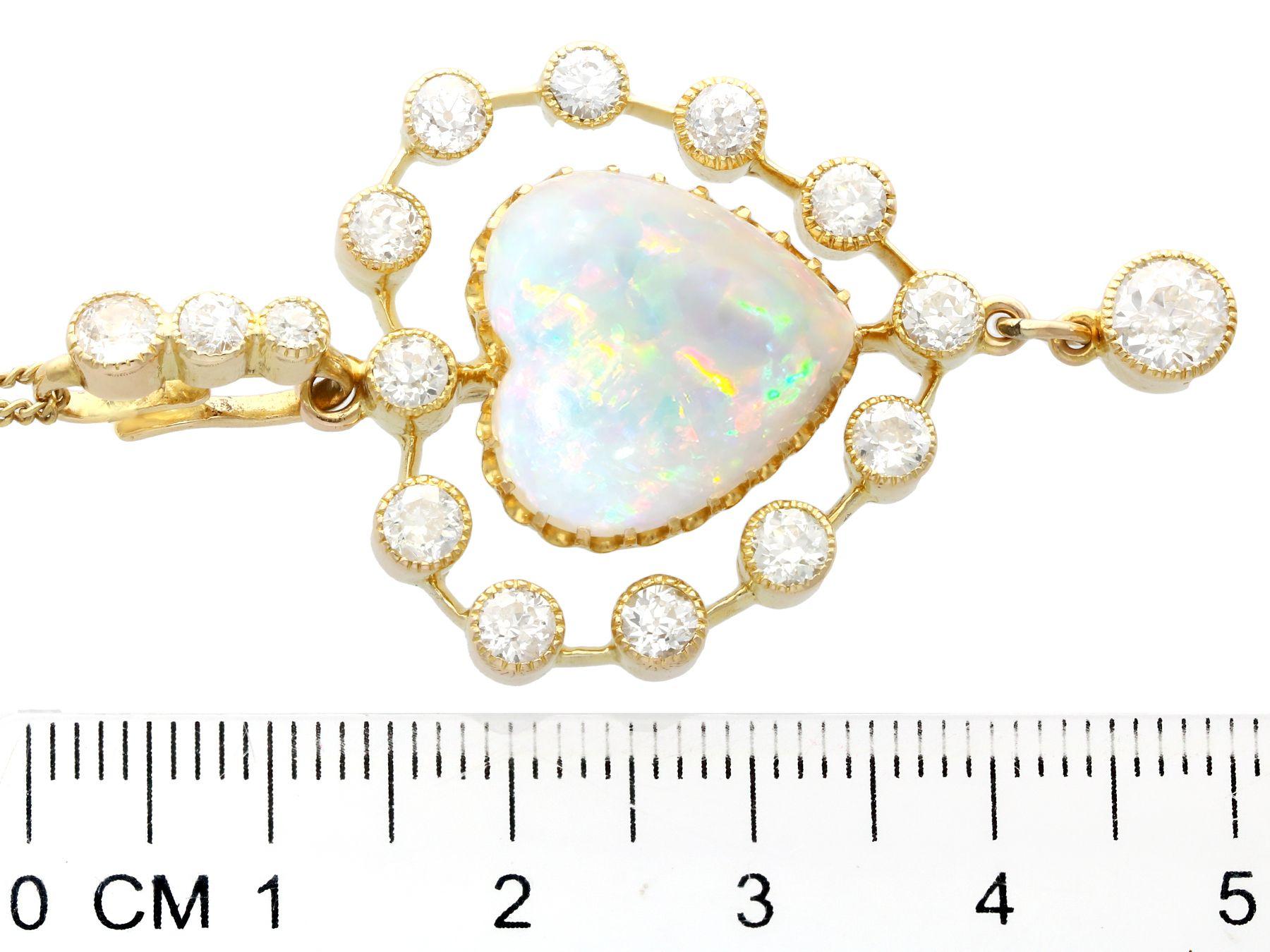 Women's or Men's Antique 5.48 Carat Opal and 2.91 Carat Diamond 15k Yellow Gold Heart Pendant For Sale