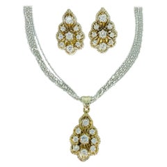 Ensemble boucles d'oreilles et collier pendentif en or 14 carats avec diamants anciens de 5,50 carats de poids total
