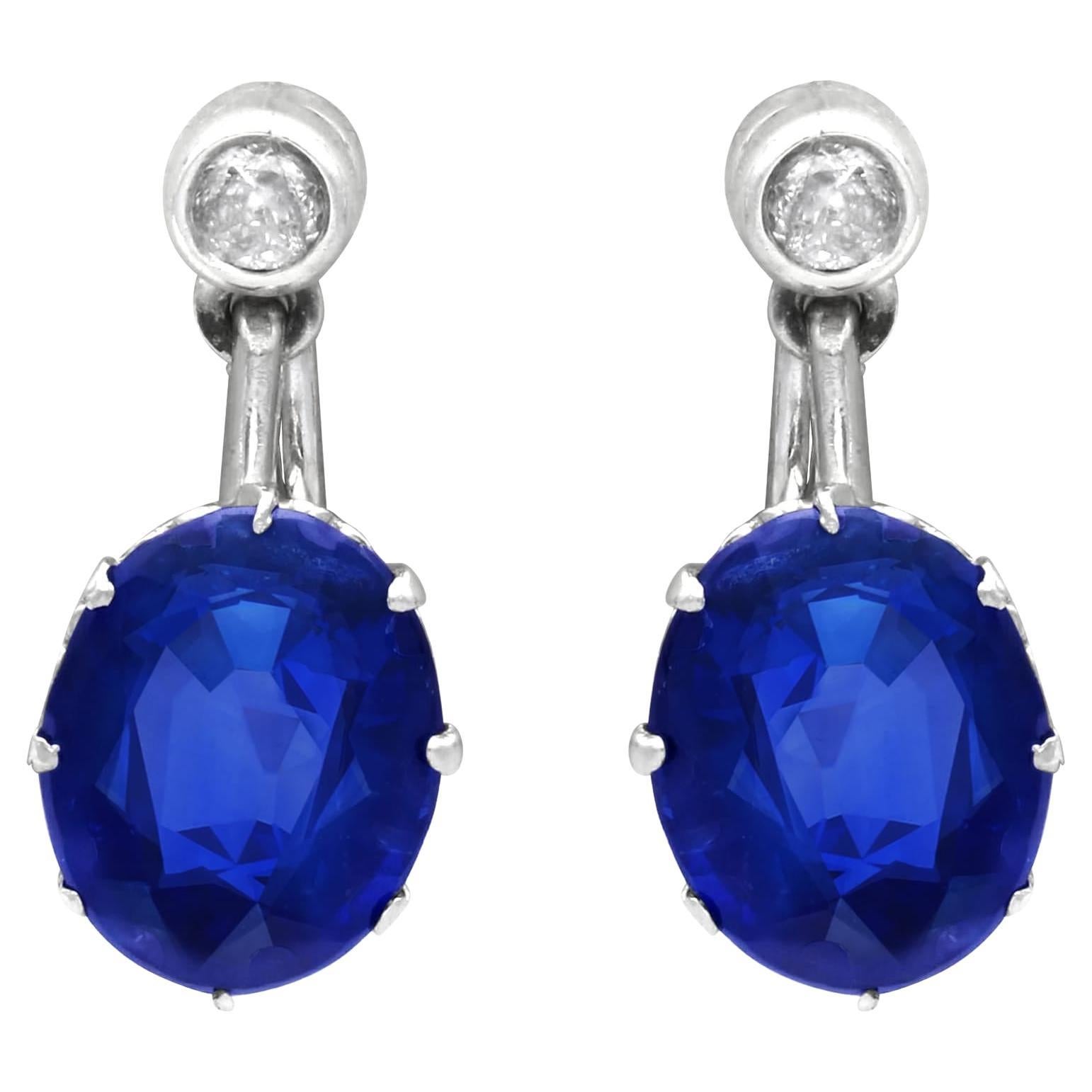 Antique 5.50 Carat Sapphire and Diamond 9k White Gold Drop Earrings For Sale