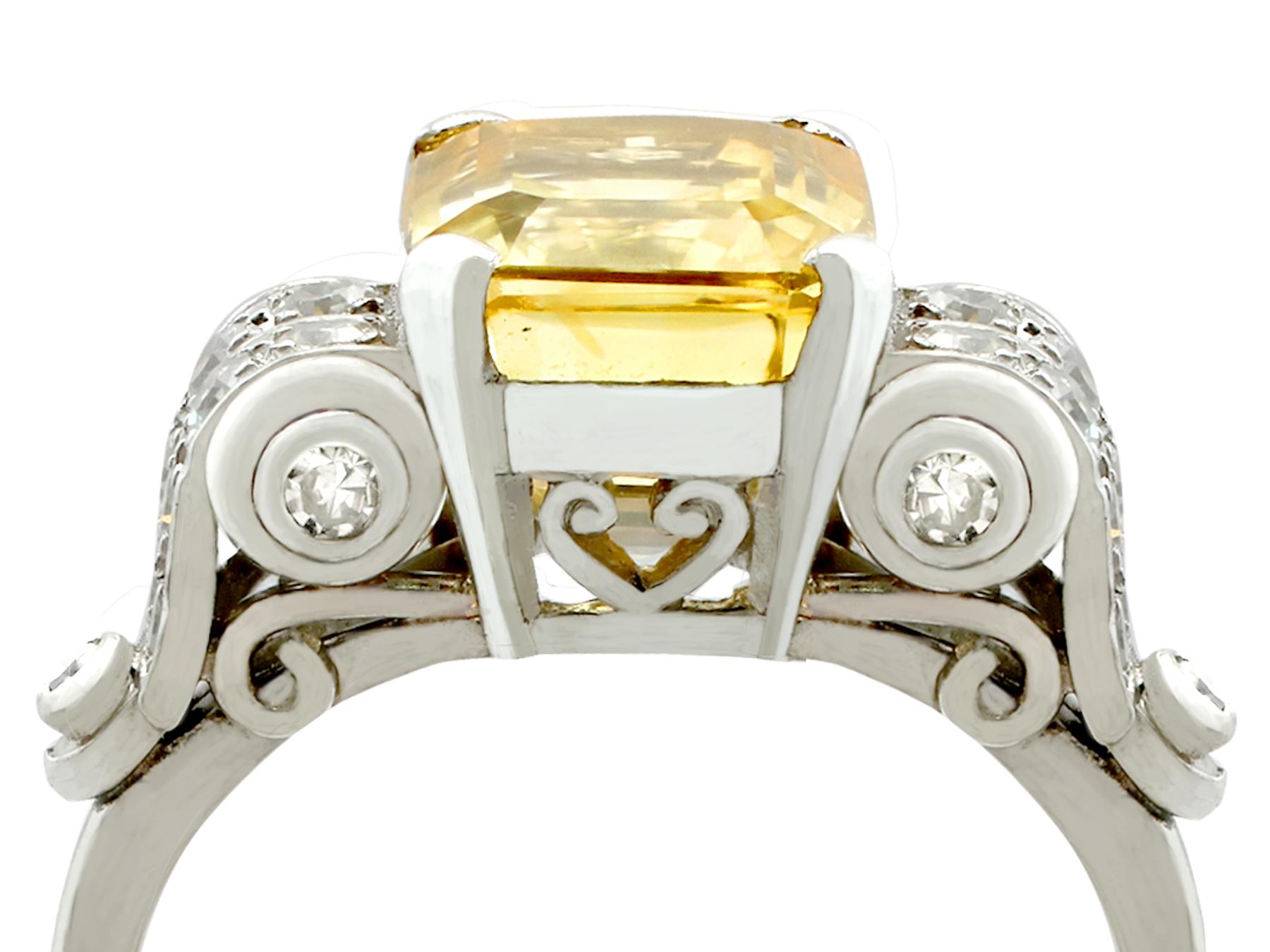 Emerald Cut Antique 5.52 carat Yellow Sapphire and Diamond Platinum Dress Ring 