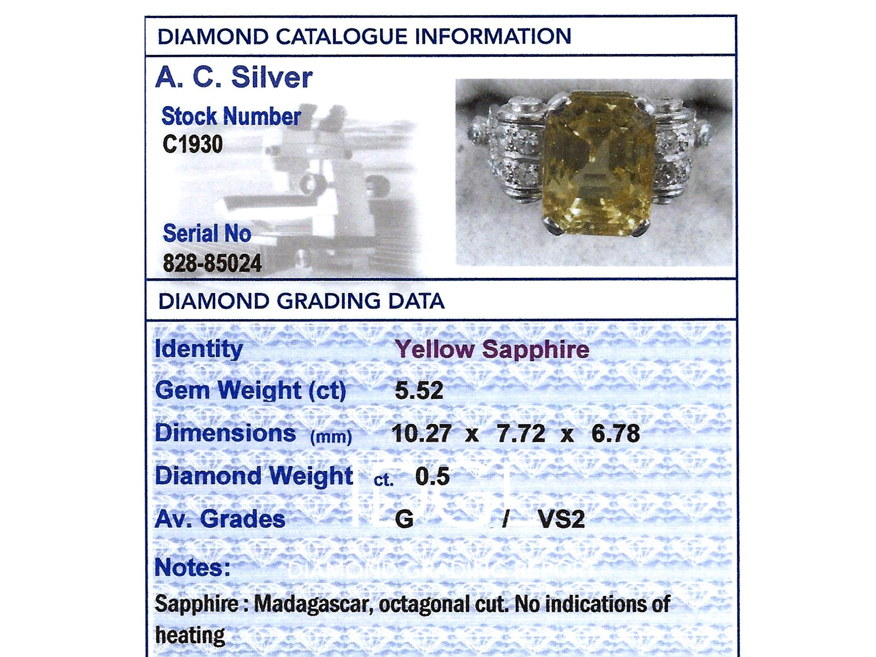 Women's Antique 5.52 carat Yellow Sapphire and Diamond Platinum Dress Ring 