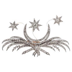 Antique 5.54 Ctw. Old Cut Diamond Moon & Stars 'En Tremblant' Brooch