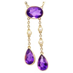 Antique 5.60Ct Amethyst and Pearl, 15k Yellow Gold Pendant Circa 1900