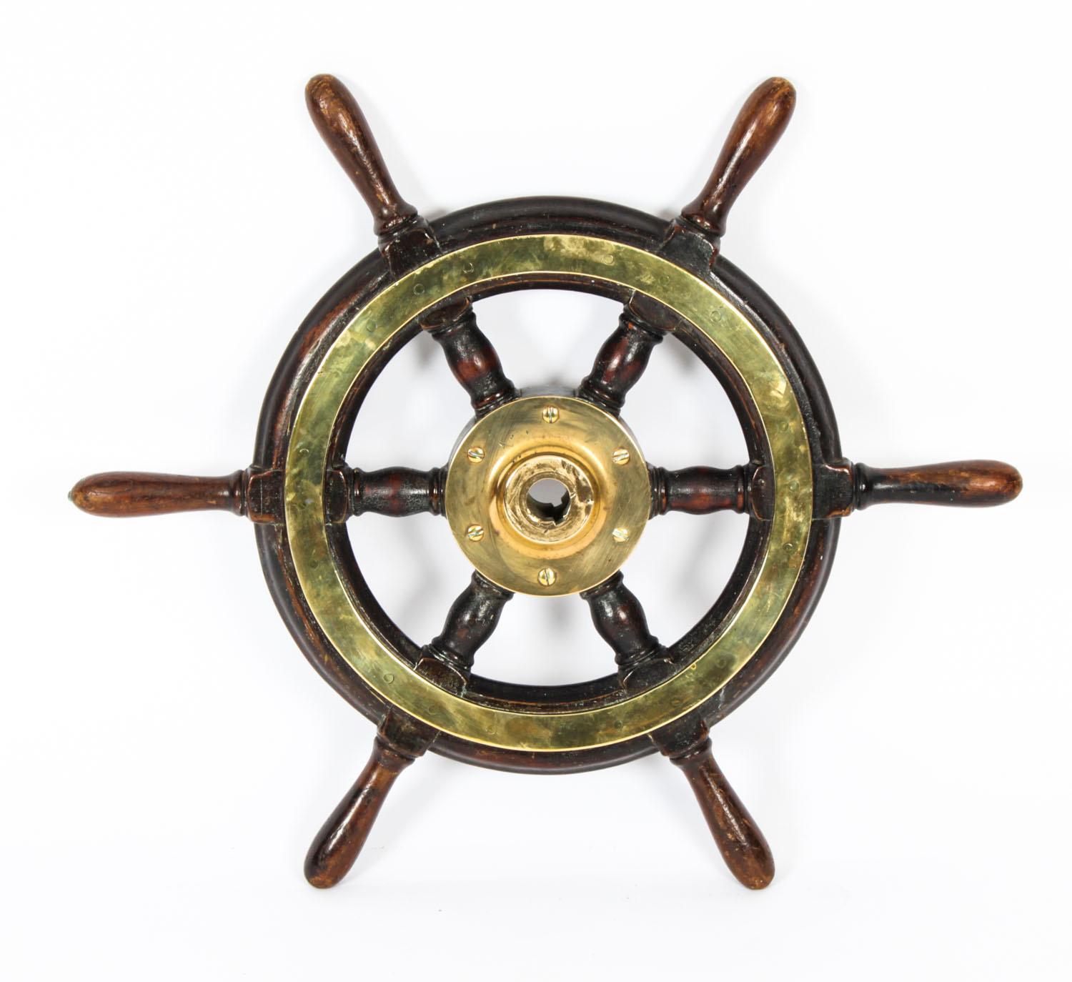 Victorian Antique Teak and Brass Set 6-Spoke Ships Wheel, 19th Century