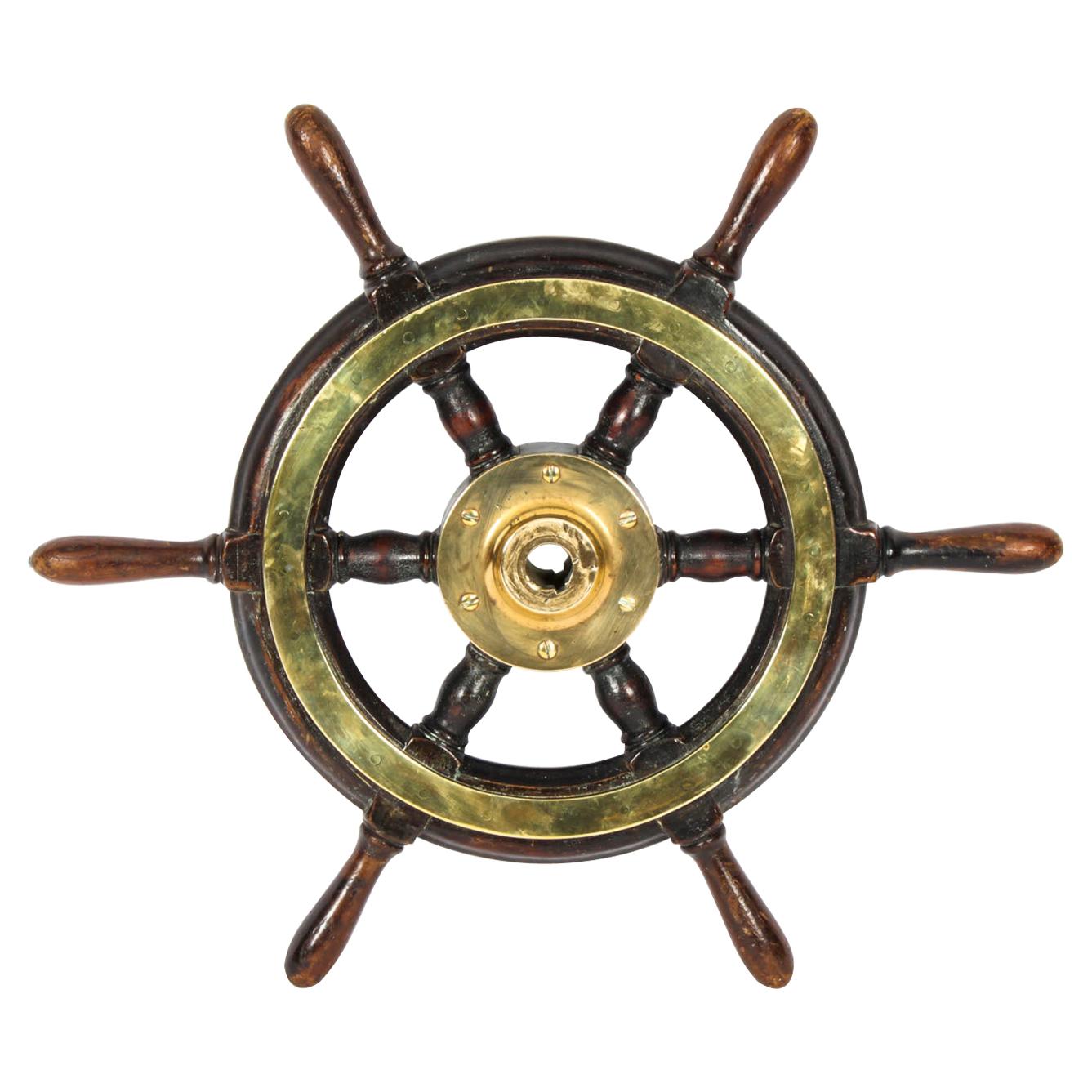 Antique Teak and Brass Set 6-Spoke Ships Wheel, 19th Century