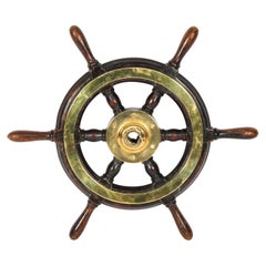 Antique Teak and Brass Set 6-Spoke Ships Wheel, 19th Century