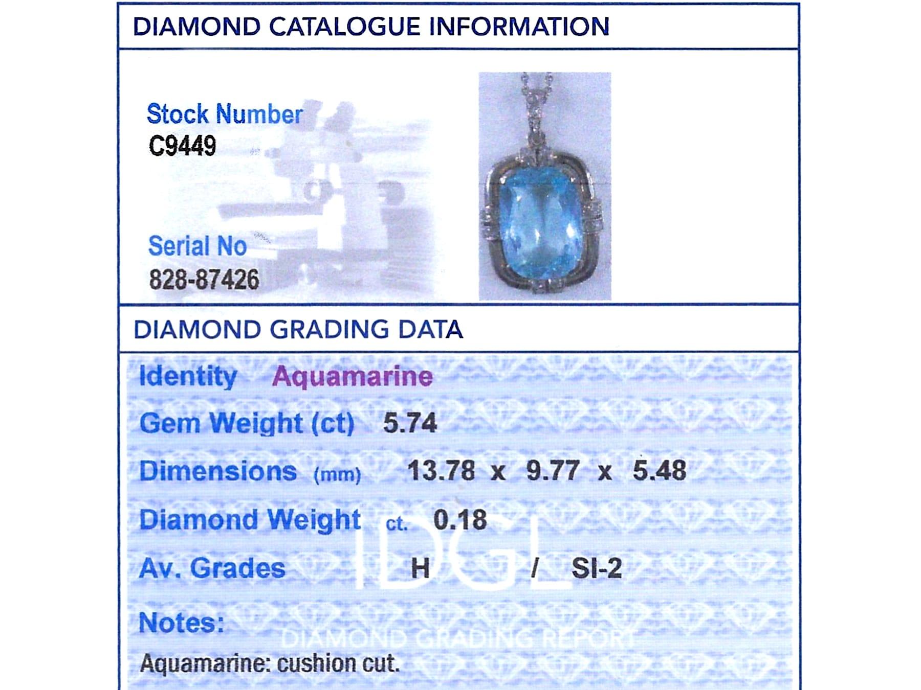 Pendentif ancien en aigue-marine de 5,74 carats, diamant de 0,18 carat et platine Circa 1915 en vente 3