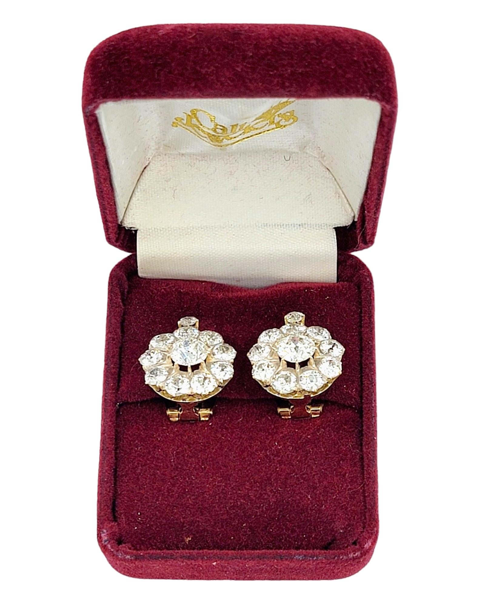 Antique 5.77 Carat Total Old European Diamond Halo Yellow Gold Clip-on Earrings  For Sale 4