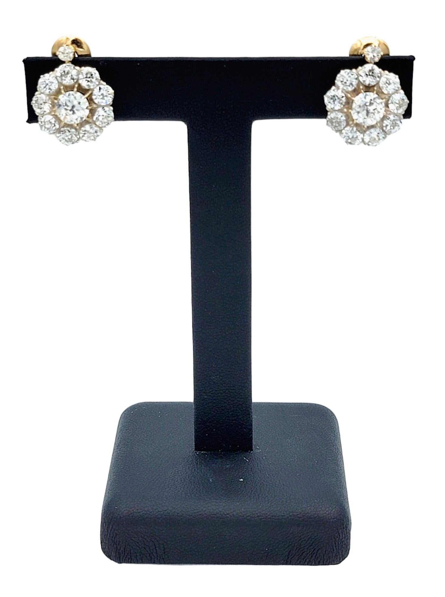 Antique 5.77 Carat Total Old European Diamond Halo Yellow Gold Clip-on Earrings  For Sale 5