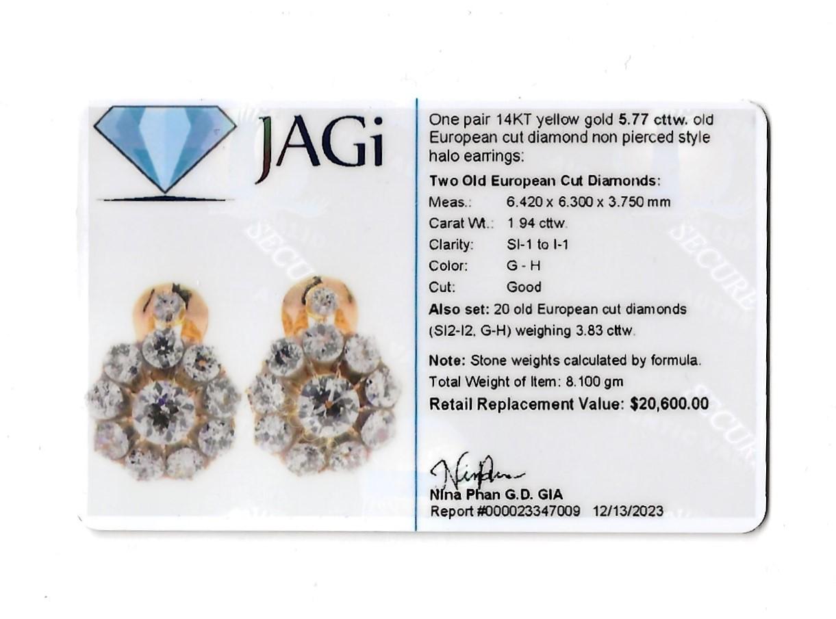 Antique 5.77 Carat Total Old European Diamond Halo Yellow Gold Clip-on Earrings  For Sale 6