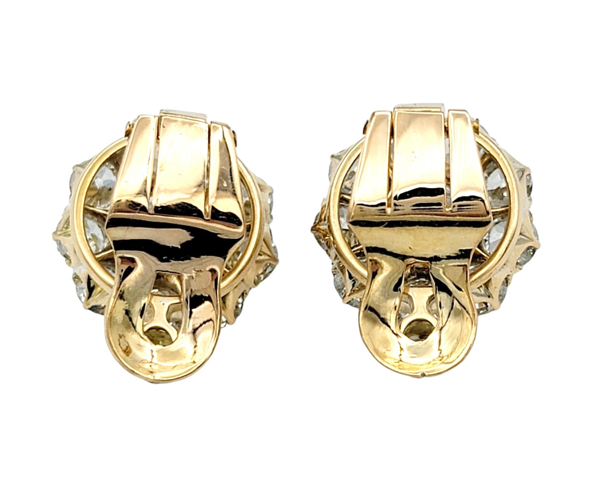 Antique 5.77 Carat Total Old European Diamond Halo Yellow Gold Clip-on Earrings  In Good Condition For Sale In Scottsdale, AZ