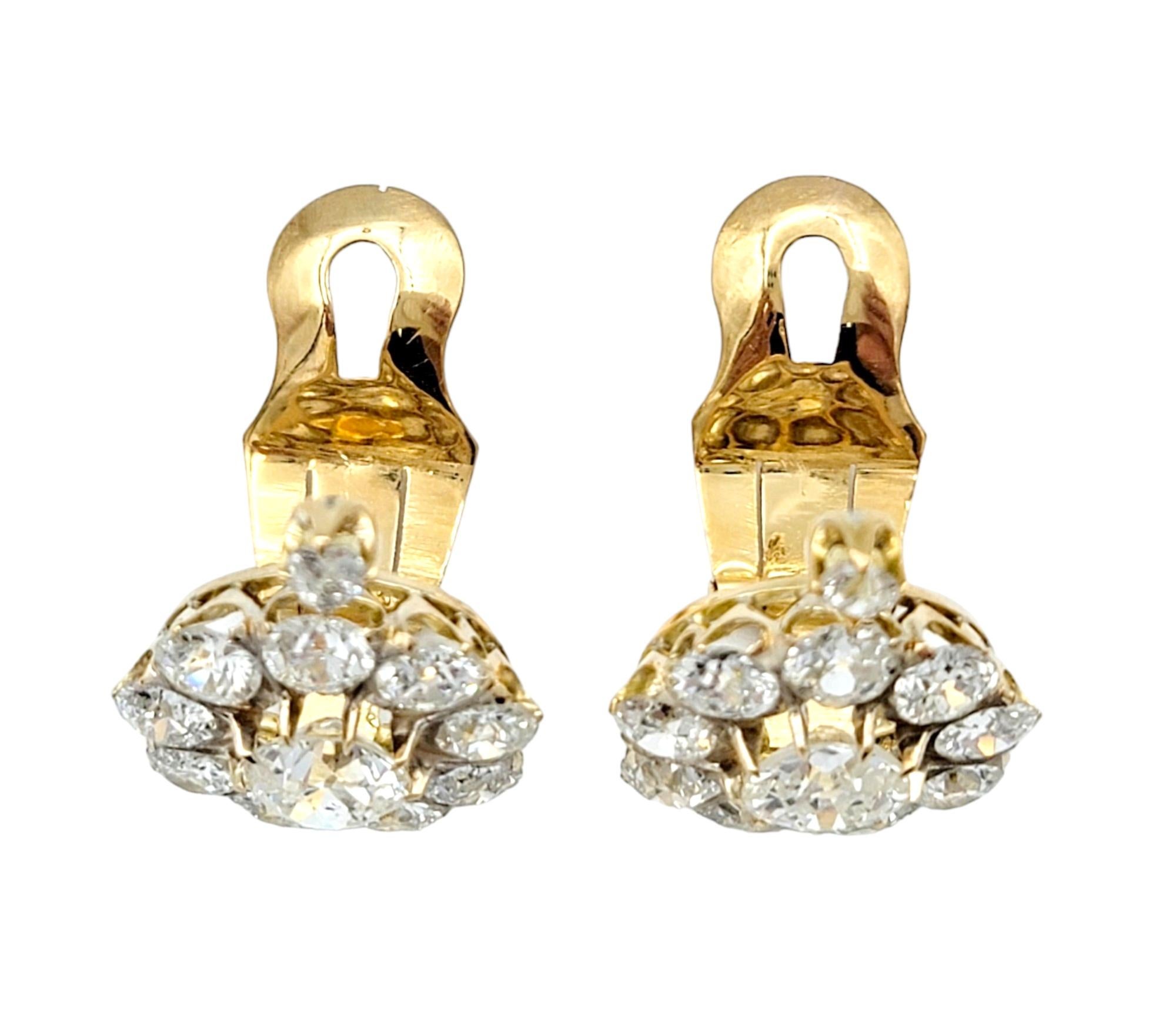 Women's Antique 5.77 Carat Total Old European Diamond Halo Yellow Gold Clip-on Earrings  For Sale