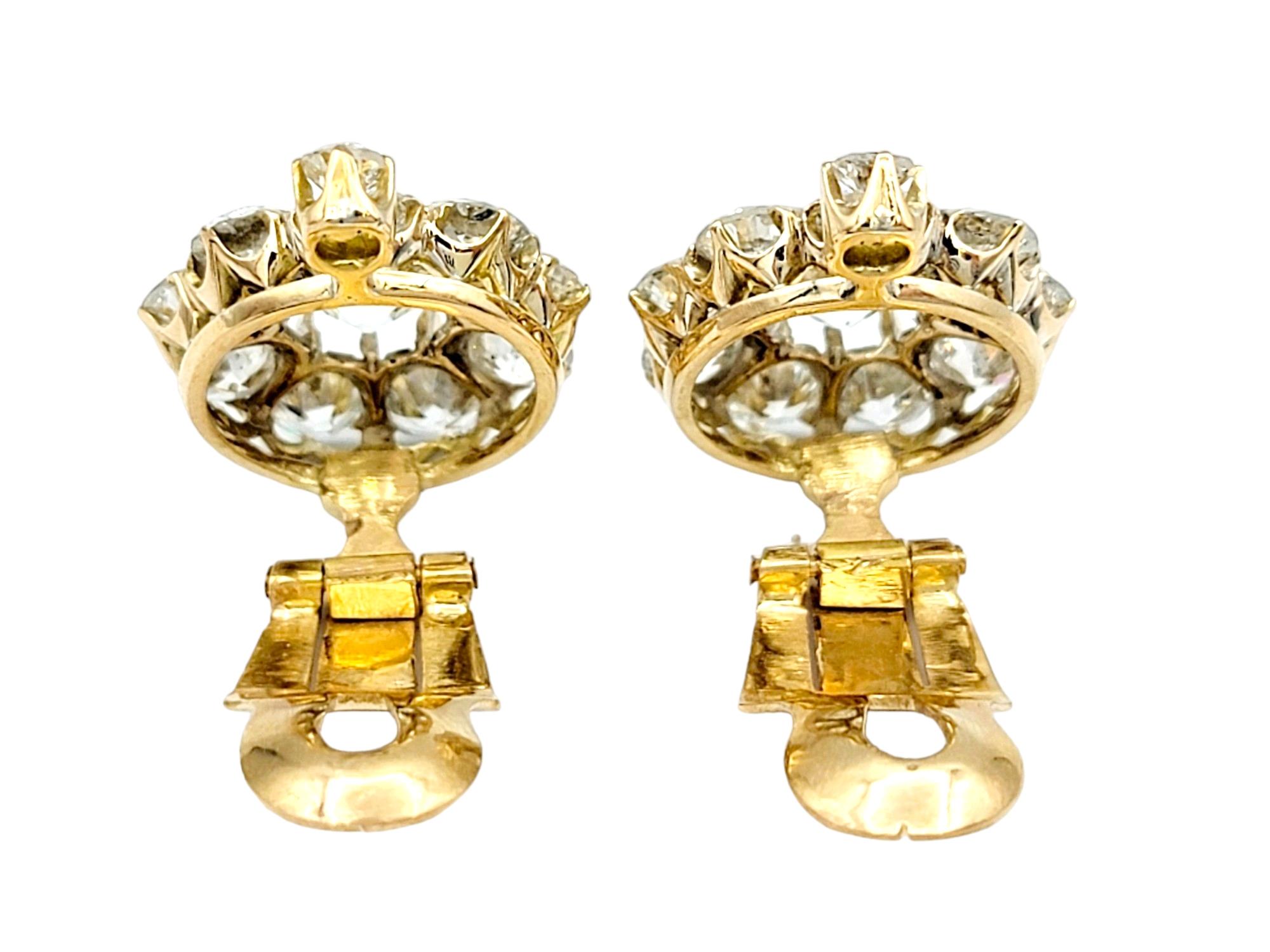 Antique 5.77 Carat Total Old European Diamond Halo Yellow Gold Clip-on Earrings  For Sale 1